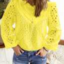 BETTE BOUTIK Women's Long Short Sleeve Tops 2025 Dressy Casual Button Hollow Out Lace Embroidered Blouses Shirts (Medium)