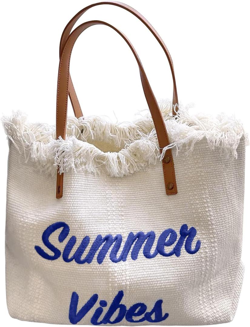 Women Large Beach Canvas Tote Bag Summer Vibes Beach Bag Big Capacity Tassel Handbag