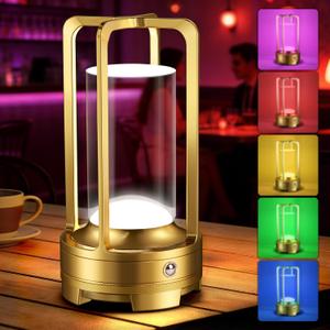 OCATO Rechargeable Table Lamp with 7 RGB: Portable Desk Lamp 3 Color Stepless Dimming Wireless Metal Battery Operated Cordless LED Lamps for Indoor Outdoor Bedroom Restaurant Coffee Shop Camping Gold