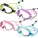 Hollowfly 4 Pcs Kids Swim Anti Fog Goggles Quick Adjust No Leaking Waterproof Wide Vision Glasses with Nose Clips Ear Plugs