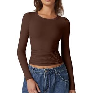 QINSEN Womens Crewneck Long Sleeve Shirt Double Lined Basic Tees Side Ruched Going Out Crop Tops XL