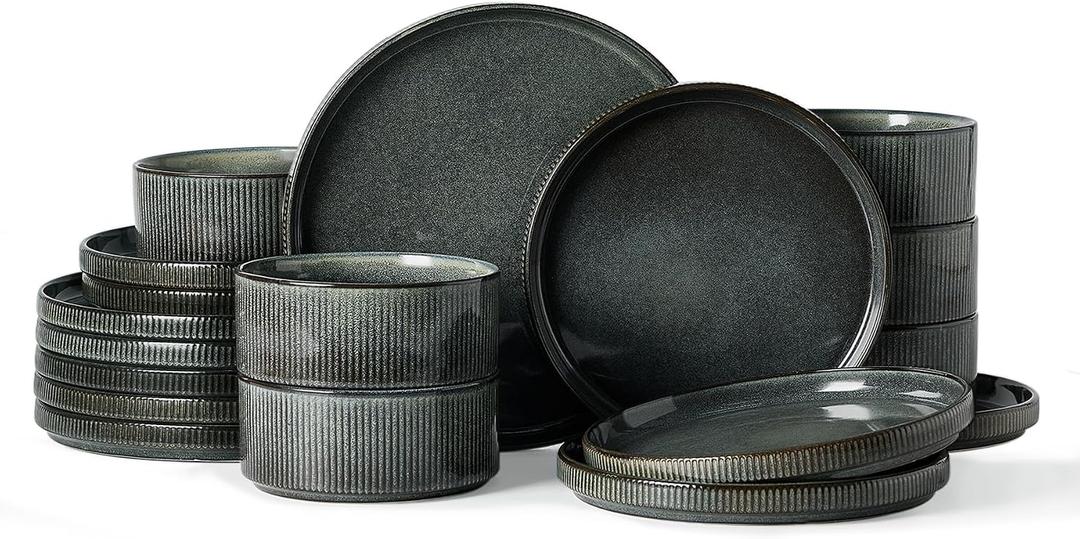 Famiware Star 18-Piece Reactive Glaze Plates and Bowls Sets, Service for 6 - Stoneware Dinnerware with Trim, Modern Rustic Dishes, Chip & Scratch Resistant, Microwave & Dishwasher Safe, Deep Forest