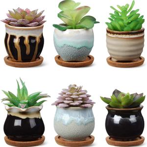 BBTO 6 Set Small Ceramic Succulent Pots with Bamboo Tray Flower Pots with Drainage Hole Succulent Garden Containers Ideal Present for Cactus Office Indoor Home Decoration Gifts, 2.9 x 3.1 Inches