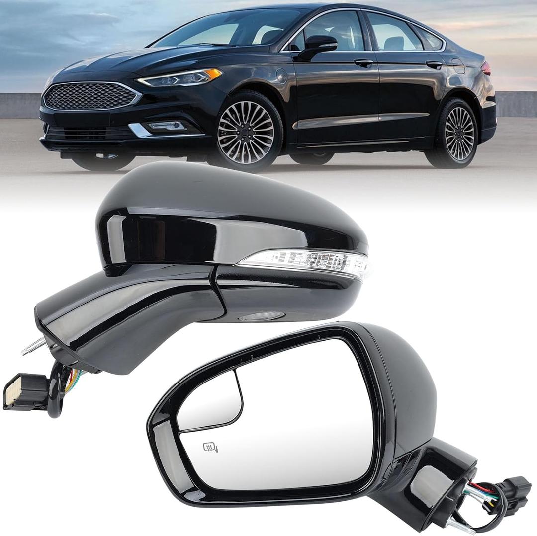 Driver Side Mirror Assembly Compatible with 2016-2022 Ford Fusion with Heated Manual Folding Turn Signal Puddle light Rear View Mirror Replace FS73-17683 Black 7 Pins