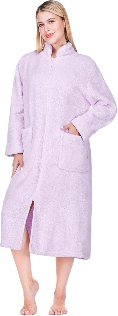 PAVILIA Womens Housecoat Zip Robe, Sherpa Zip Up Front Robe Bathrobe, Plush Warm Zipper House Coat Lounger, Pockets Fluffy (Large-X-Large, Lavender)