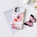 NITITOP Compatible with iPhone 11 Case Cute Butterfly Flowers Floral Pattern for Women Girls Glossy Hybrid 2 Layers Back Shockproof Protective Phone Cover - Pink