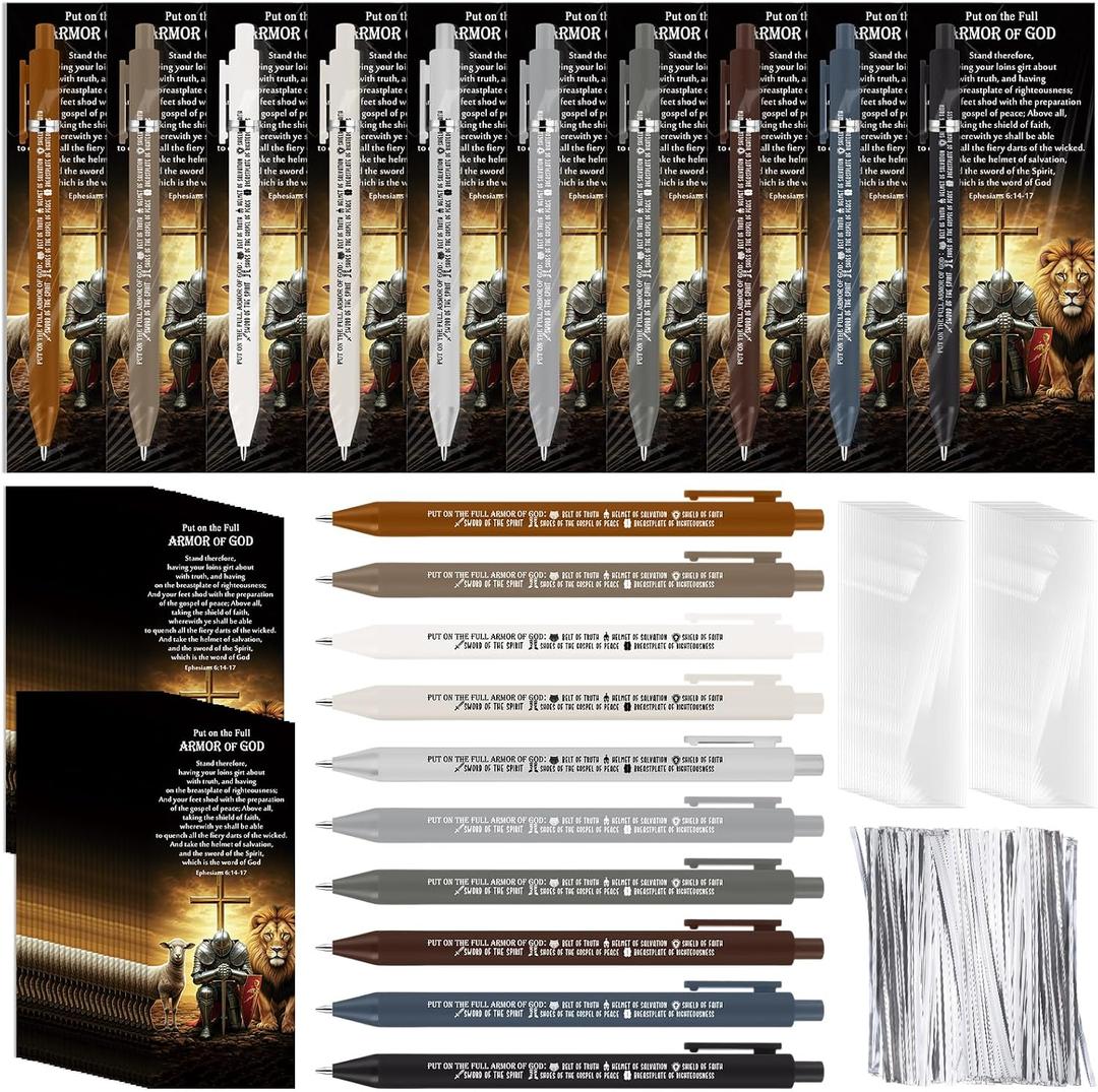 Lincia 50 Sets Multicolor Christian Fathers Day Church Gifts for Men Full Armor of God Bible Verse Ballpoint Pens and Religious Bookmarks Pastor Appreciation Gifts for Godfather Church Staff