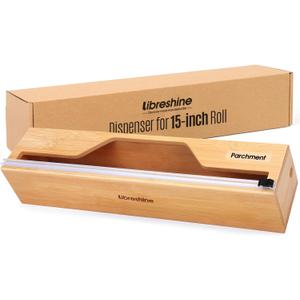 Libreshine 15 Inch Parchment Paper Dispenser with Cutter for Costco-Sized Roll, Bamboo Kitchen Drawer Organizer for Foil & Wax Paper, Wall-Mounted Large Food Wrap Holder