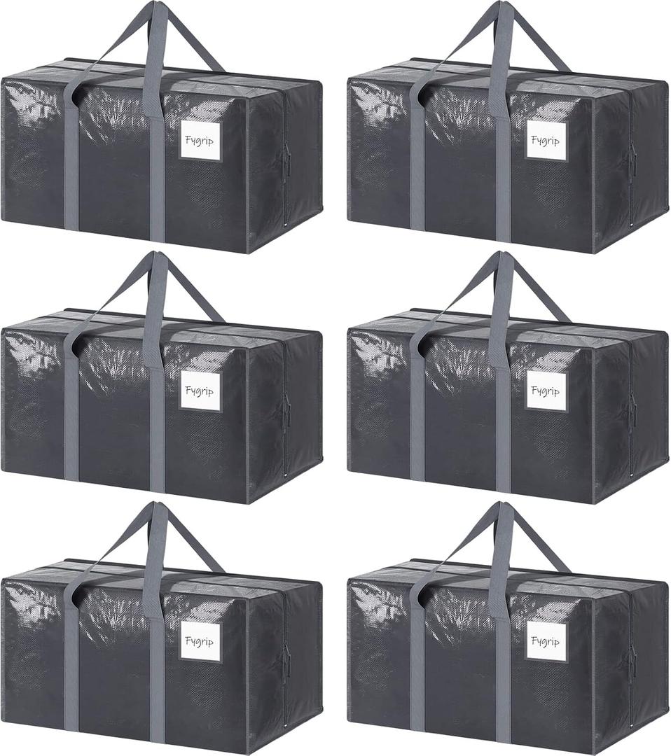 6 Pack Extra Heavy Duty Large Moving Bags with Strong Zipper & Comfortable Handles, Sturdy & Durable Clothes Storage Bags Totes Bins, Packing Moving Boxes for College Supplies, Gray