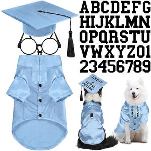 Huhumy 5 Pcs Dog Graduation Costume Set Include 2026 Pet Graduation Gown with Stole Puppy Grad Cap Lensless Glasses DIY Letter Stickers for Dogs Cats Holiday Costume Accessory(Light Blue,XL)