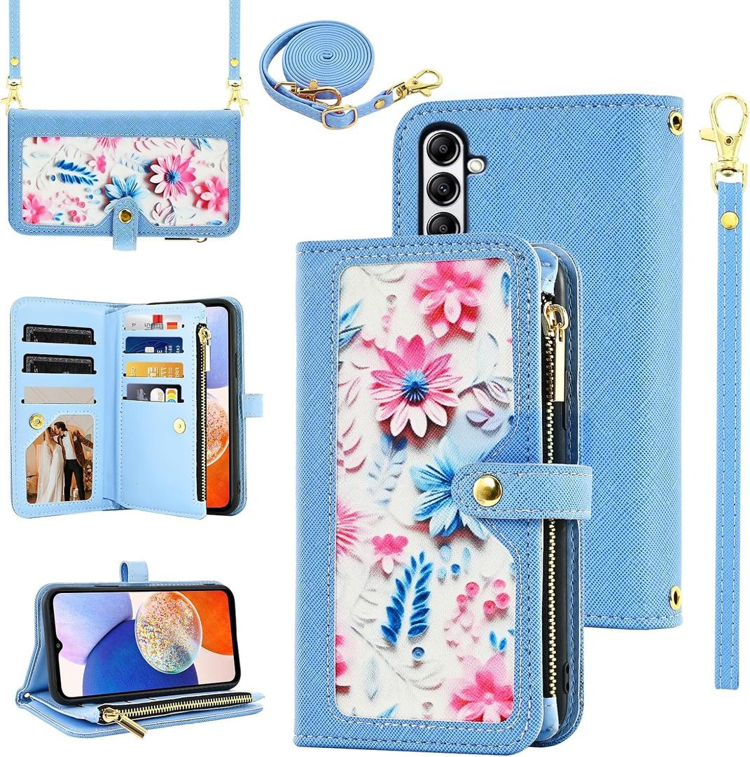 Floral Wallet Case for Samsung Galaxy S23 FE 5G with Wrist Strap Shoulder Strap Flip Zipper Purse, Luxury PU Leather Card Holder Stand Accessories Phone Cover for S 23 EF S23FE 23S Women Blue