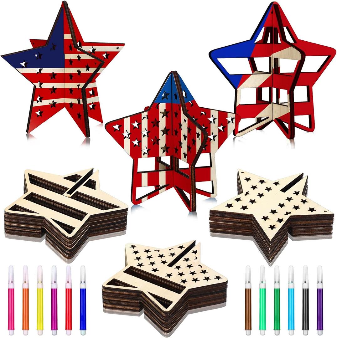 Honoson 36pcs Patriotic Crafts Set to Paint 24 Labor Day 3D Wood Stars Cutouts with 12 Colored Pens DIY Unfinished Slices Independence Day Party Decor Veterans Tray Cutout Ornament