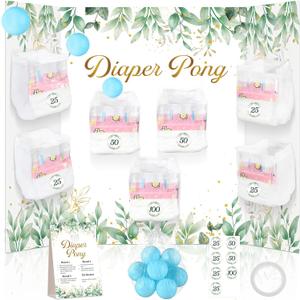 Greenery Baby Shower Diaper Game Set Baby Shower Favor 1 Leaves Games Board Diapers 10 Sage Green Plastic Balls 1 Boho Greenery Game Instruction Sign for Gender Reveal Games Decoration