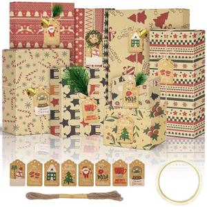 AILAMIDO Christmas Wrapping Gift Paper, 8 Sheets with 32.8ft Jute String, 1 Roll Adhesive Tape and 8 Unique Tags, Kraft Paper for Christmas, 50x70cm