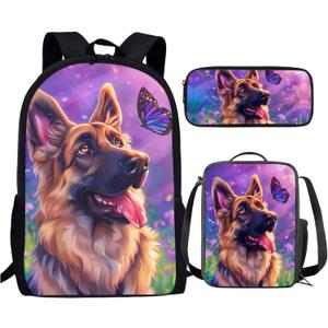 German Shepherd Backpack for School Girls 7th Grade with Lunch Box Dog Bookbag for Kids 8-12/10-12/12-14 Butterfly Middle School Bag Lunchbox Pencil Case Set Children Book Bag Lunch Bag