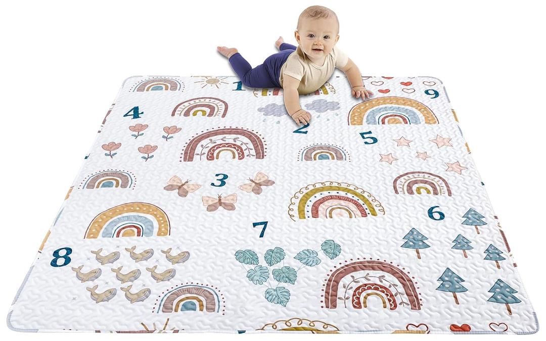 Boho Rainbow 50x50 Play Mat for Playpen, Washable Portable Baby Floor Playmat, Non Slip Foldabe Infant Crawling Mats, Tummy Time Mat Pad for Toddlers Baby Play Pen Mats for Home Or Travel (50" x 50")