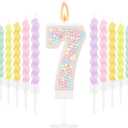 MTLEE Number 7 Birthday Candle with 12 Pcs Spiral Candles for Girls Macaron Pastel Rainbow Unicorn Pink Cake Topper for Sweet Theme Party Decoration