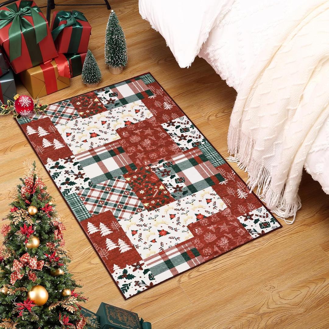 Christmas Area Rug 2x3 Washable Entryway Door Mat Non Slip Patchwork Throw Mat Xmas Tree Bathroom Area Rugs Stain Resistant Soft Holiday Decor Checkered Rugs for Living Room Bedroom Kitchen, Red