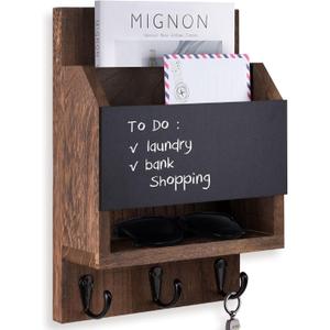 Key and Mail Holder for Wall, Key Holder with Chalkboard and Long Storage Box, Key Hanger with 3 Sturdy Hooks for Coat, Dog Leash, Entryway Mail Organizer (Brown)