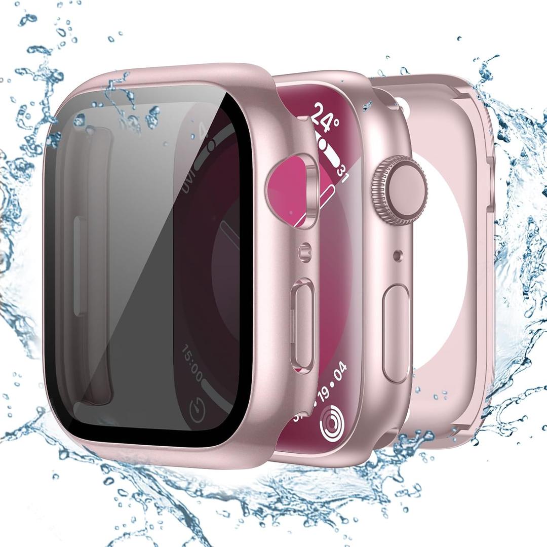 Tensea (2-in-1 for Waterproof Apple Watch Screen Protector Case 45mm Series 9 8 7, iWatch Protective PC Face Cover Built-in Privacy Tempered Glass Film [26 Anti Spy] [360 Full Protection] (Original Pink)