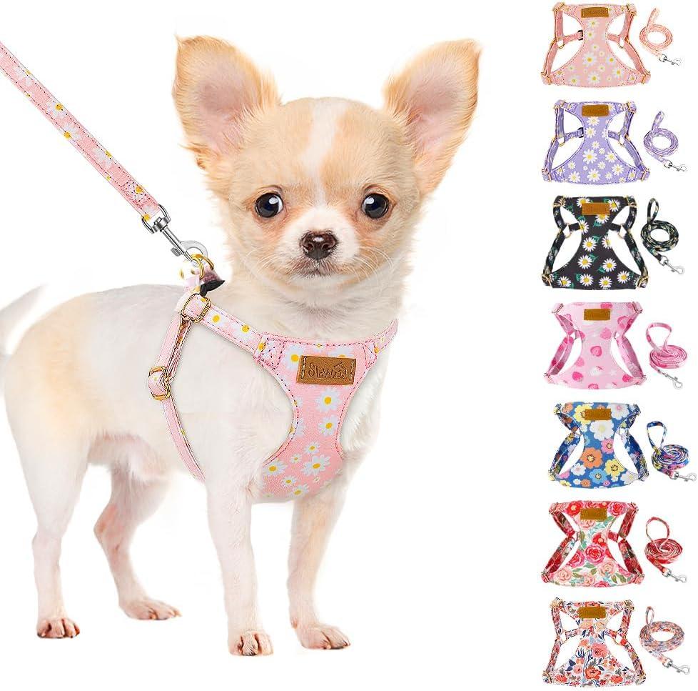 SlowTon No Pull Dog Harness with Leash - Soft Lightweight Floral Pattern Puppy Harness, Adjustable Pet Harness for Small Medium Dogs (Pink Daisy XXS)