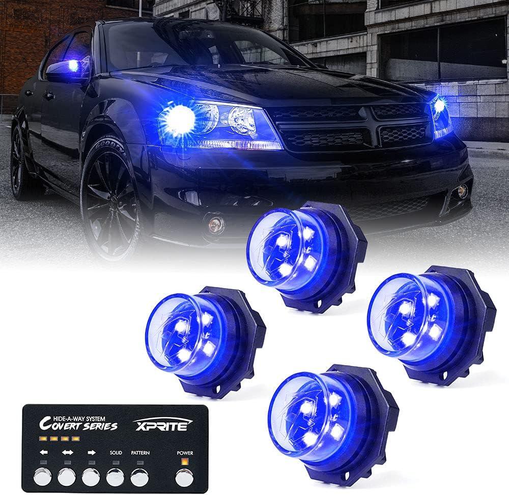 Xprite Blue LED Hideaway Strobe Lights Kit, 20 Flash Modes w/Control Panel Headlights Taillights Fog Light Interior Mounting for Construction Towing Snow Plow Pickup Work Trucks Cars 4 PCS