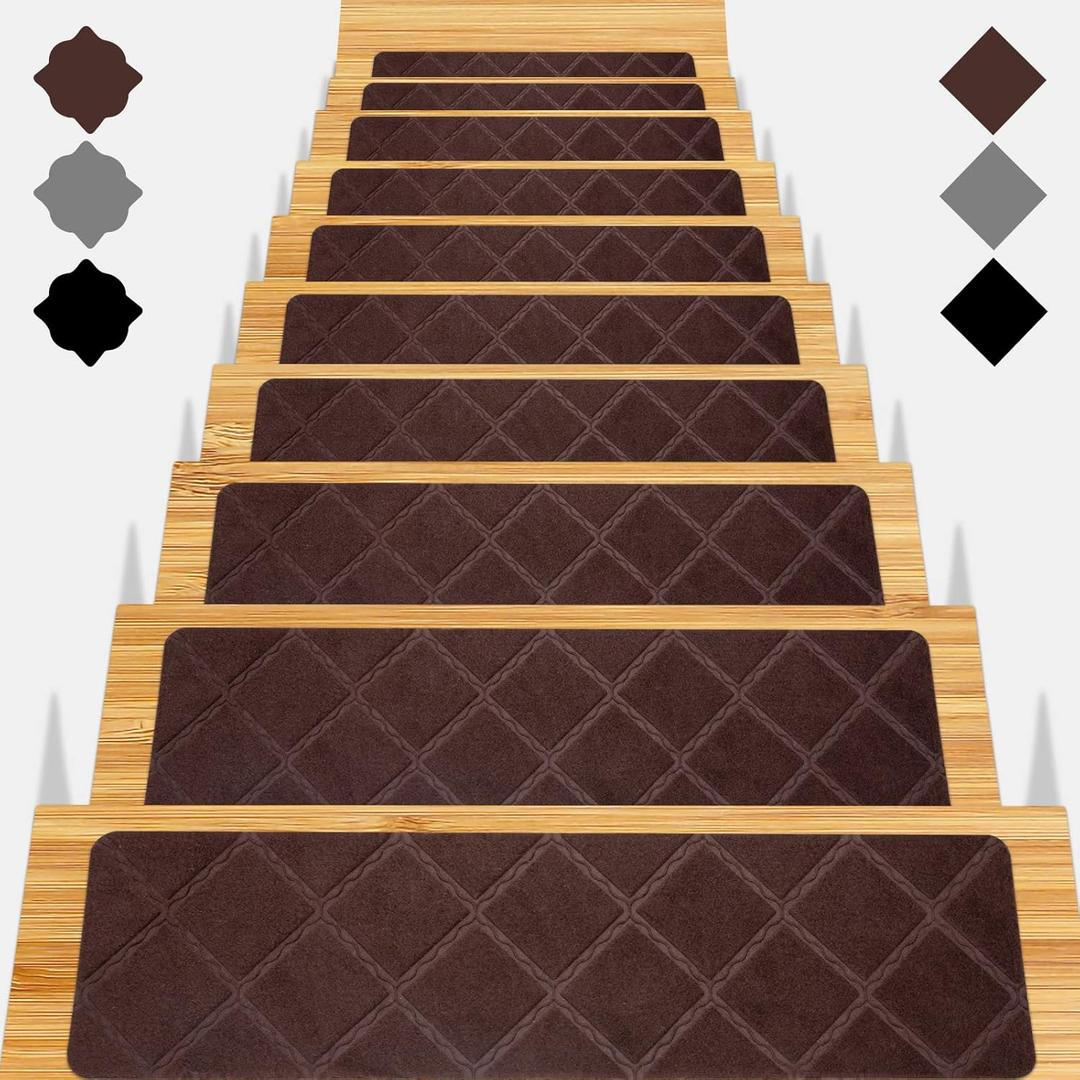 Stair Treads for Wooden Steps - 15pcs, 8x30in Carpet Stairs Runner Indoor Non-Slip Mats for Kids, Elders and Pets (Cube Brown)