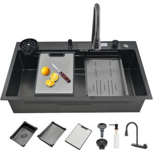 Waterfall Kitchen Sink 34 Inch Drop-in Single Bowl Stainless Steel Multifunctional Kitchen Sink with 2-in-1 Faucet and Accessories (34"x18"), 34"x18"x9"