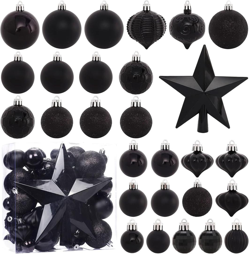 52-Pack Shatterproof Black Christmas Tree Ornaments and Star Topper - For Holiday Decor