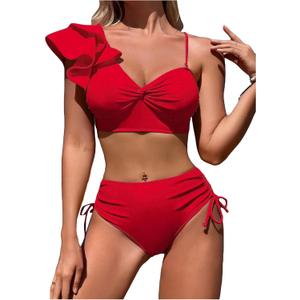 SHENHE Women's Ruffle Trim Twist Front High Waisted 2 Piece Bikini Set Swimsuit (Large, Red)