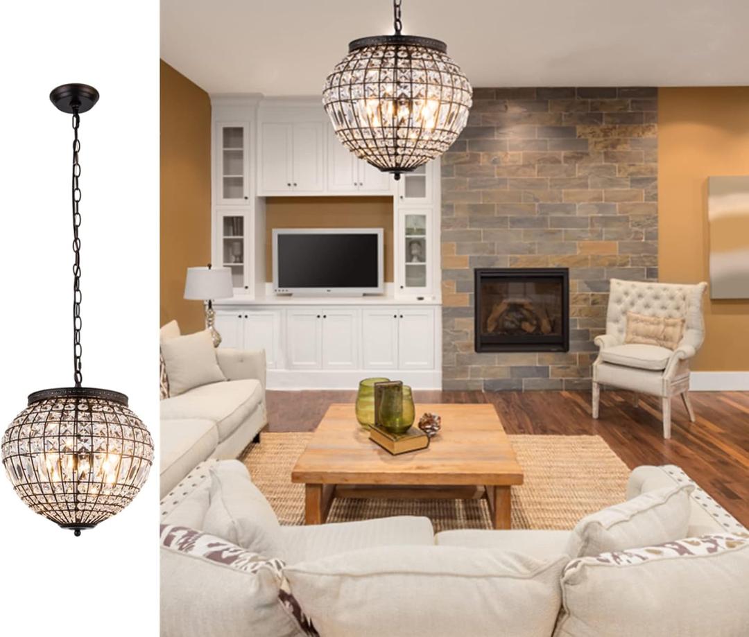 Vintage K9 Crystals Chandelier Classic Pendant Light Fixture for Living Room Entryway Kitchen Island Dining Room Staircase, Globe (Bronze)