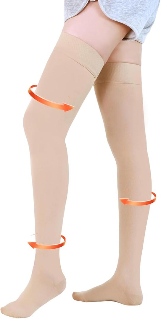Medical Compression Stockings for Women and Men, 20-30 mmHg Thigh High Compression Socks Women Closed Toe Graduated Compression Socks for Varicose Veins, Edema, DVT, Dot-Top(Beige,2XL)
