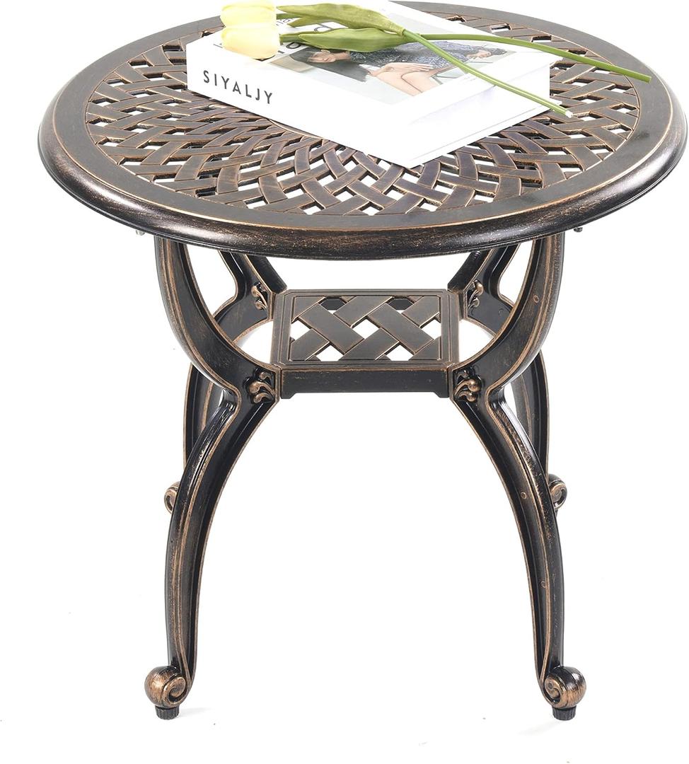 Mandolin Outdoor Patio,Rust -Resistant Cast Aluminum Side Table,Weather Resistant End TableCoffee Table Perfect for Patio, Backyard Or Garden. (Aluminum Round, Copper)