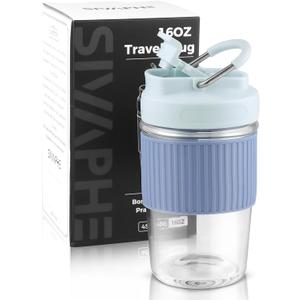 Sivaphe Reusable Glass Coffee Cup 16 oz, Portable Travel Mug with Spill-Proof Lid and Protect Sleeve for Home Office Blue