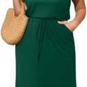 Pinup Fashion Women Plus Size Summer Dresses - Casual Work T Shirt Round Neck Midi Dress with Pockets, 22M, Green 