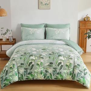 Anibedding Sage Green Queen Comforter Set, 7 Piece Botanical Gradient Leaves Ultra Soft Microfiber Down Alternative Bedding Set with Sheets and Bedroom for All Season