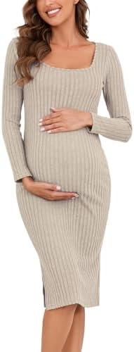 LAHILO Long Sleeve Maternity Sweater Dress for Fall Winter, Knit Ribbed Maternity Bodycon Dress L