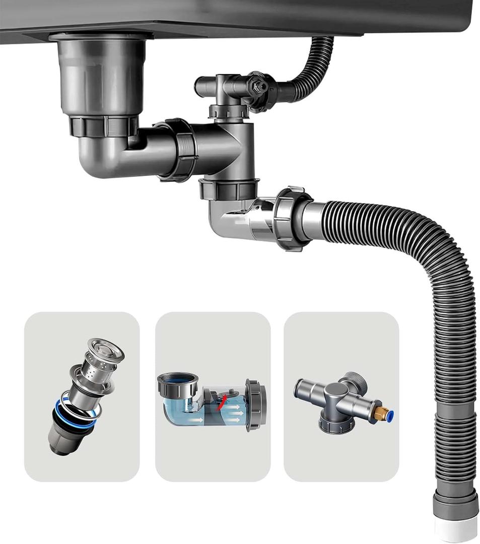 Single Sink Kitchen Sink Drain Kit Space Saving Flexible Drain Pipe Flexible P-Trap Drain Strainer with 3-1/2 Inch Sink Drain Assembly Kit 304 Stainless Steel (Gray)