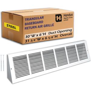 Fits 30x6 Duct Opening | Steel Triangular Baseboard Return Air Grille by Handua | Efficient Air Flow | Air Register Vent Cover Grill | 3-13/16" Depth | White | Outer Dimensions: 31-3/4" x 6-5/8"