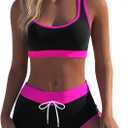 Womens Sport Two Piece Swimsuits Racerback Tops Boyshort Bottom (Large, Rose)