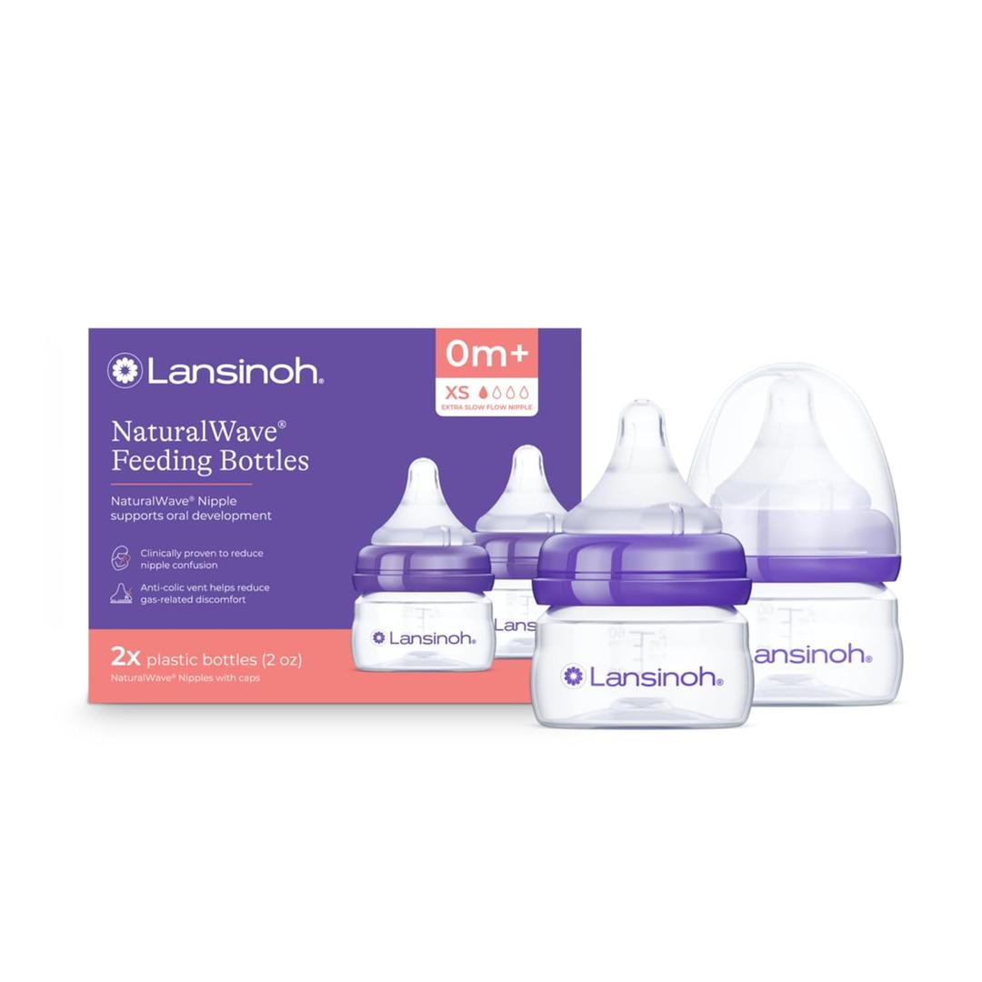 Lansinoh Anti-Colic Baby Bottles, BPA-Free Plastic, 2 Ounces, 2 Count, Extra Slow Flow Nipples (Size XS), Breastfeeding Bottle with NaturalWave Design