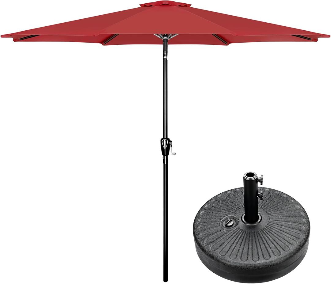 Simple Deluxe 9FT Outdoor Patio Umbrella Table Market Umbrella with Push Button Tilt and Crank and 50lbs Base Stand, for Garden, Lawn, Deck, Backyard, Pool, Red (Combo-9ft&20inch)