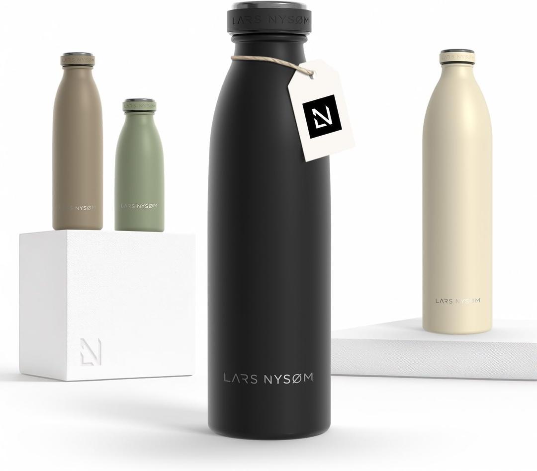 LARS NYSM Stainless Steel Insulated Water Bottle 12oz 17oz 25oz 34oz 51oz | Insulated Thermo Flask for Hot and Cold Beverages | Leakproof Drinking Bottle (Carbon Black, 17oz) (16.9 Ounces)