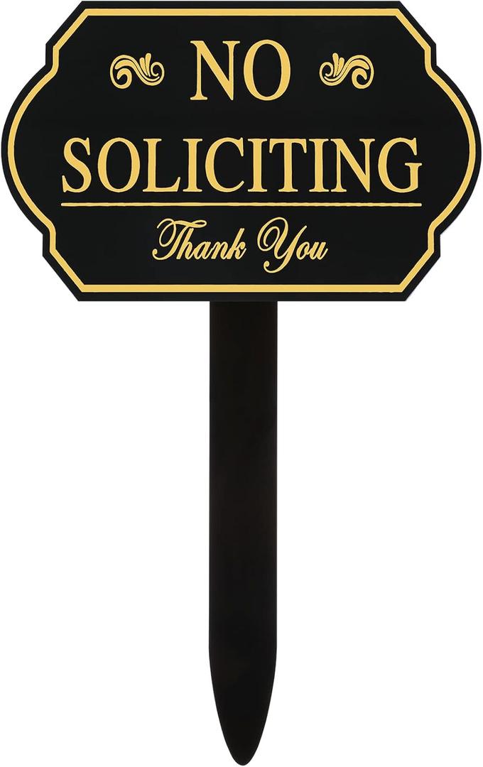 No Soliciting Sign with Stake for Yard Collocation Self Adhesive Door Sign Private Drive No Trespassing Garden Plaque Heavy Duty Weather Resistance for House with Stake(12 x 7.5 Inch,Gold)