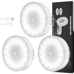 Motion Sensor Light Indoor [Upgraded 14 LEDs], 3 Pack Rechargeable Night Light, Wide Detection Range, 3 Light Modes, Bedroom Closet Lights, Anywhere Stair Light, Hallway Light - Cold White