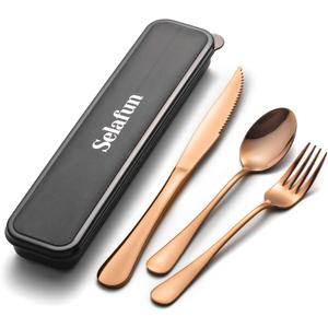 4-pieces Travel Set with Case Portable Silverware Utensils Set for work, Stainless Steel Reusable Flatware Set Cutlery Set for Camping Picnic Hiking Office (6.7inch, Rose Gold)