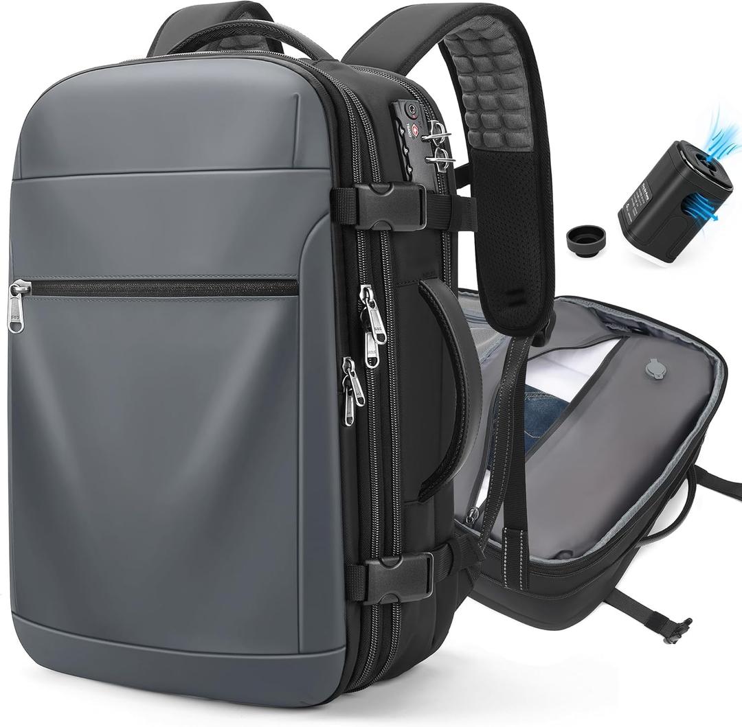 POSO Vacuum Backpack Travel – 60L Expandable Vacpack Backpack with Vacuum Pump/TSA Lock/Laptop Compartment (Fits 17"), Water-Resistant Compression Bag for Flight & Business (Grey)