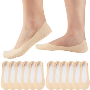 COOPLUS No Show Socks Womens Cotton Non Slip Low Cut Liner Socks Thin Invisible Socks for Flats Loafers 6 Pairs (Beige)