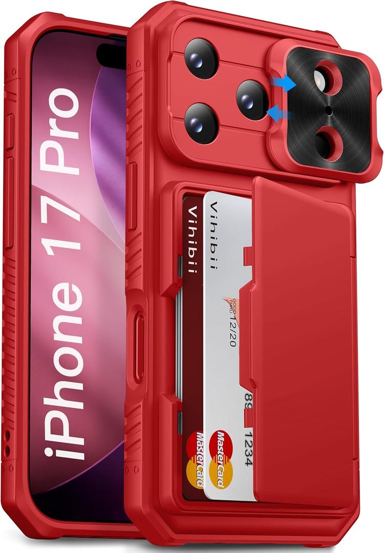 Vihibii for iPhone 17 Pro Wallet Case with Card Holder (4 Cards) [RFID Blocking] & Slide Camera Cover & Raised Edges Protect Screen, Shockproof Rugged Phone Cover Case for iPhone 17 Pro 6.3" 2025, Red