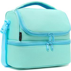 FlowFly Double Decker Cooler Insulated Lunch Bag Large Tote for Boys, Girls, Men, Women, With Adjustable Strap,Light Blue